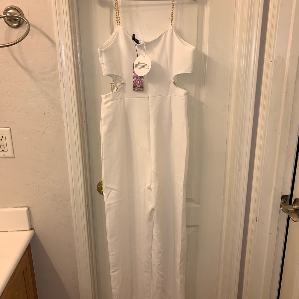 White Cut Out Chain Wide Leg Jumpsuit - Picture 2 of 3